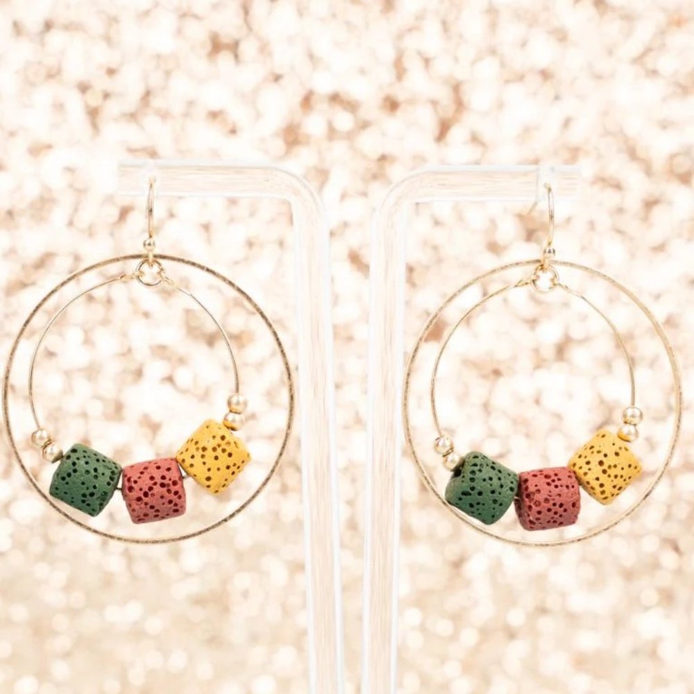 One Blessed Nana Multi-Color Lava Bead Hoop Earrings (Green, Red, Yellow)